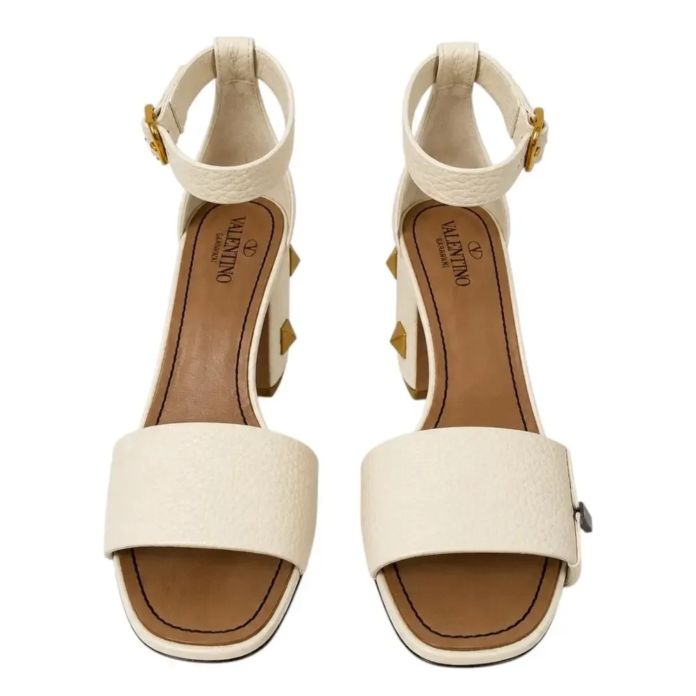 Valentino Garavani 75 Roman Stud Heel Leather Sandal Ivory Size 37.5